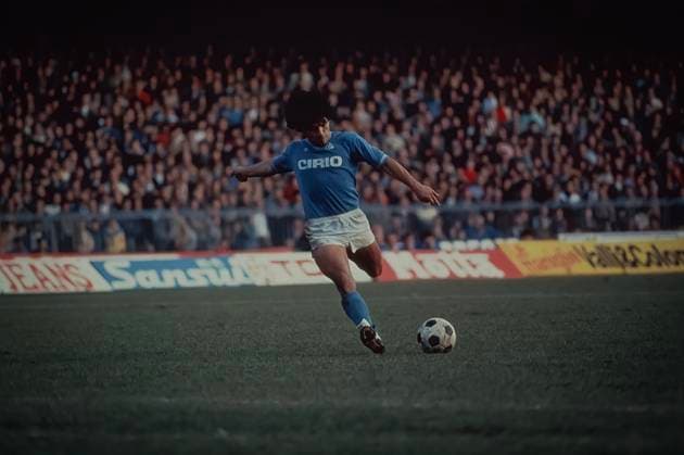 NAPLES, ITALY - MAY 19: Diego Armando Maradona, Napoli, S.S.C during a Serie A match between Napoli, S.S.C and A.C. Fiorentina at Stadio San Paolo on May 19, 1985 in Naples, Italy. Naples Italy Copyright: xStefanoxMontesix