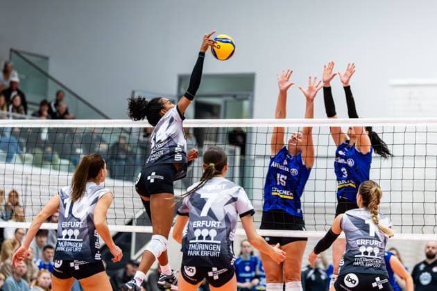 02.11.2025, GER, Volleyball, Frauen, 1.BL, Hauptrunde, Saison 25 26, Schwarz-Weiss Erfurt - Allianz MTV Stuttgart Alianza Darley (Schwarz-Weiss Erfurt) im Angriff gegen Melani Shaffmaster (Allianz MTV Stuttgart), Jasmine Gross (Allianz MTV Stuttgart) 99089 Erfurt Sporthalle Sportanlage Rieths Thüringen Deutschland