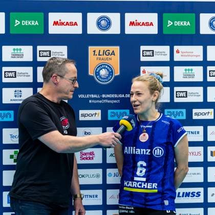 02.11.2025, GER, Volleyball, Frauen, 1.BL, Hauptrunde, Saison 25 26, Schwarz-Weiss Erfurt - Allianz MTV Stuttgart Antonia Stautz (Allianz MTV Stuttgart) im Interview 99089 Erfurt Sporthalle Sportanlage Rieths Thüringen Deutschland