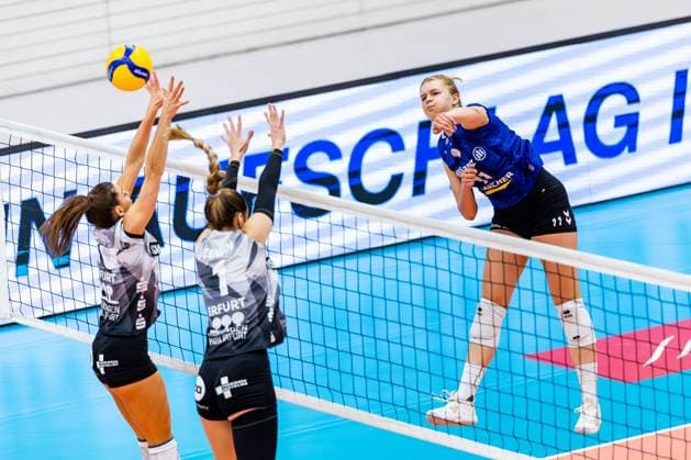 02.11.2025, GER, Volleyball, Frauen, 1.BL, Hauptrunde, Saison 25 26, Schwarz-Weiss Erfurt - Allianz MTV Stuttgart Kinga Szuecs (Schwarz-Weiss Erfurt), Alina Zellin (Schwarz-Weiss Erfurt), Pauline Martin (Allianz MTV Stuttgart) 99089 Erfurt Sporthalle Sportanlage Rieths Thüringen Deutschland