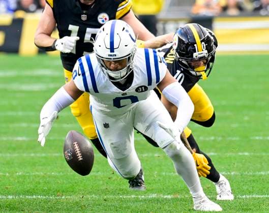 Indianapolis Colts safety Cam Bynum (0) recovers the fumble of Pittsburgh Steelers wide receiver Roman Wilson (10) in the fourth quarter of the Steelers 27-20 win at Acrisure Stadium Sunday, November 2, 2025 in Pittsburgh.  PIT2025110212 ARCHIExCARPENTER