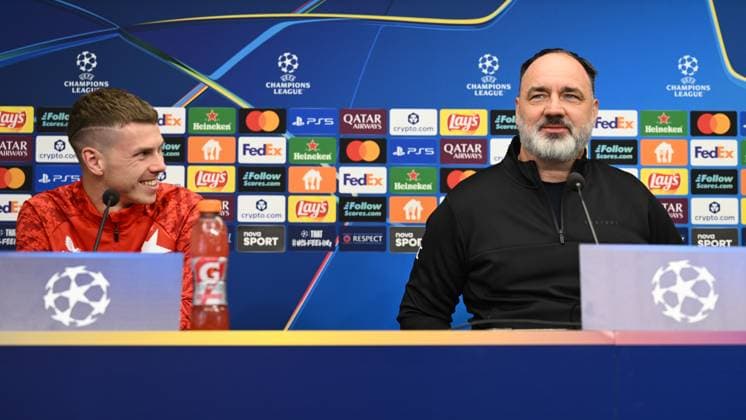 Defender David Doudera (left) and head coach of Slavia Prague Jindrich Trpisovsky speak during the press conference, PK, Pressekonferenz prior to Champions League 4th qualifying round match SK Slavia Praha vs Arsenal FC in Prague, Czech Republic, November 3rd, 2025. (CTKxPhoto MichalxKamaryt) CTKPhotoP2025110304340  CTKPhotoP2025110304340