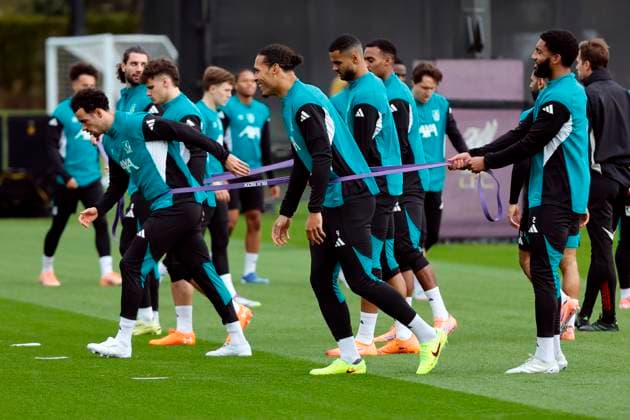 3rd November 2025; Anfield, Liverpool, Merseyside, England; UEFA Champions League Football, Liverpool versus Real Madrid press conference, PK, Pressekonferenz Curtis Jones and Virgil van Dijk of Liverpool lead the way during the open training session ahead of tomorrow s Champions League Group match vs Real Madrid  AlanxMartin