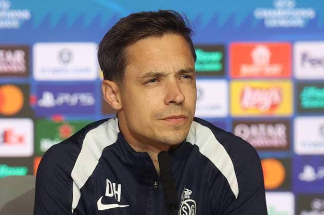 Union s head coach David Hubert pictured during a press conference, PK, Pressekonferenz of Belgian soccer team Royale Union Saint-Gilloise in Madrid, Spain, on Monday 03 November 2025. The team prepares for tomorrow s match against Spanish Club Atletico Madrid, on the day 4 of the League phase of the UEFA Champions League tournament. VIRGINIExLEFOUR  x138842857x
