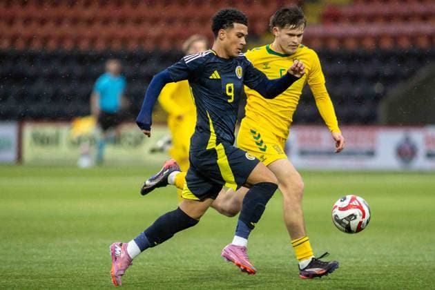 U17, U 17 Scotland v U17 Lithuania U17 European Championships 03 11 2025. Group H GOAL! 1-0 Caelan Cadamarteri of Scotland opens the scoring and puts the home side into an early lead during the UEFA U17 s European Championships, Scotland vs Lithuania, Albert Bartlett Stadium, Airdrie, Scotland. 3 November 2025 Airdrie Albert Bartlett Stadium North Lanarkshire Scotland Editorial use only , Copyright: xColinxPoultneyx PSI-23150-0002
