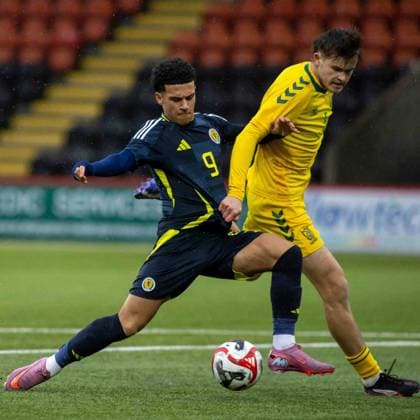 U17, U 17 Scotland v U17 Lithuania U17 European Championships 03 11 2025. Group H GOAL! 1-0 Caelan Cadamarteri of Scotland opens the scoring and puts the home side into an early lead during the UEFA U17 s European Championships, Scotland vs Lithuania, Albert Bartlett Stadium, Airdrie, Scotland. 3 November 2025 Airdrie Albert Bartlett Stadium North Lanarkshire Scotland Editorial use only , Copyright: xColinxPoultneyx PSI-23150-0003