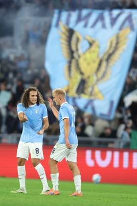 CALCIO - Serie A - SS Lazio vs Cagliari Calcio Rome, Italy November 3, 2025: Gustav Tang Isaksen of Lazio score the goal and celebrate with Matteo Guendouzi of Lazio during the Serie A Enilive 2025-2026 football matchday 10, between SS Lazio vs Cagliari Calcio at Olympic Stadium. Rome Italy  Copyright: xIPAxSport ABACAx