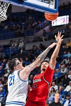 NOVEMBER 03, 2025: Saint Louis Billikens center Robbie Avila (21) canÃ¢â‚¬â ¢t block the tossed up shot by Southeast Missouri State Redhawks forward Brendan Terry (15) in a regular season game where the Southeast Missouri Redhawks visited the Saint Louis Billikens. Held at Chaifetz Arena in St. Louis, MO on Monday November 03, 2025 CSM St. Louis United States of America - ZUMAc04_ 20251103_zma_c04_102 Copyright: xRichardxUlreichx