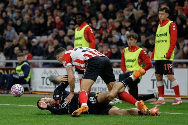 3rd November 2025; Stadium of Light, Sunderland, England; Premier League Football, Sunderland versus Everton; Jack Grealish of Everton is fouled by Granit& xa0;Xhaka of Sunderland watched by the Everton substitutes  CraigxCowan