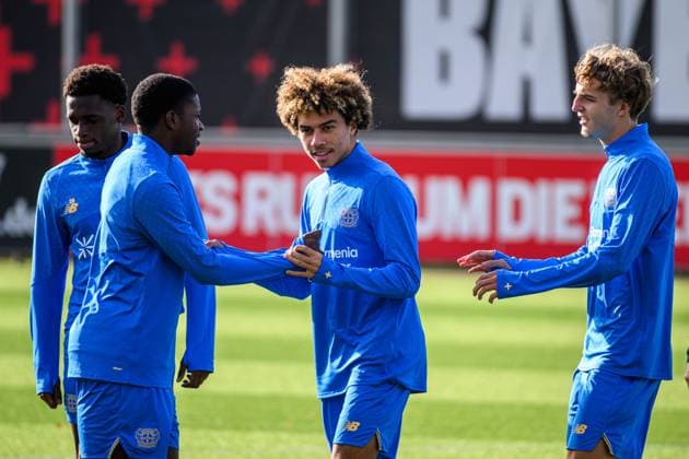 LEVERKUSEN, GERMANY - 4 NOVEMBER, 2025: Montrell Culbreath, Jeremiah Mensah, Ferdinand Pohl - UEFA Champions League, MD-1, Practice Bayer 04 at BayArena.  Copyright: xx