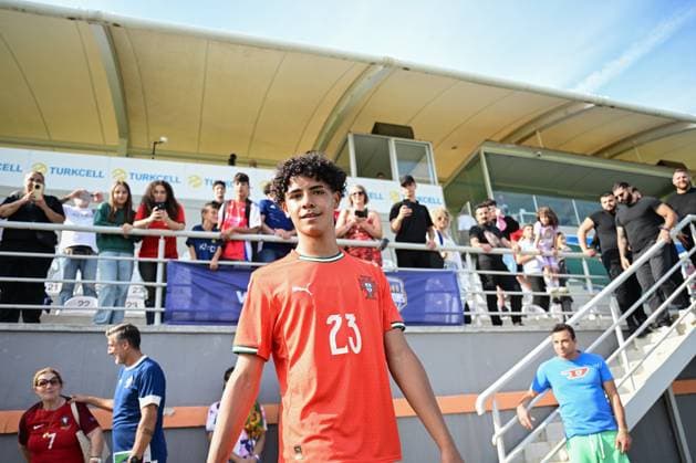 Portugal v England - Football Federation Cup ANTALYA, TURKIYE - NOVEMBER 4: Portuguese U-16 player Cristiano Dos Santos, son of Cristiano Ronaldo, poses for a photo after the U-16 preparatory tournament match between Portugal and England national football teams in Antalya, Turkiye on November 4, 2025. Orhan Cicek Anadolu Antalya Turkey. Editorial use only. Please get in touch for any other usage.  Copyright: x2025xAnadoluxOrhanxCicekx