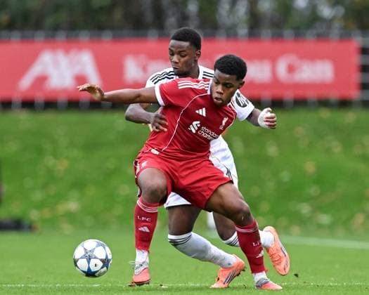 Liverpool, England, 4th November 2025. Keyrol Figueroa of Liverpool and Ariel Nkoghe of Real Madrid battle for the ball during the Liverpool U19 vs Real Madrid U19 UEFA Youth League match at The Liverpool Football Academy, Liverpool. Picture credit should read: Cody Froggatt Sportimage EDITORIAL USE ONLY. No use with unauthorised audio, video, data, fixture lists, club league logos or live services. Online in-match use limited to 120 images, no video emulation. No use in betting, games or single club league player publications. SPI_022_CF_LIVERPOOL_U19_V_REAL_MADRID_U19 SPI-4262-0022