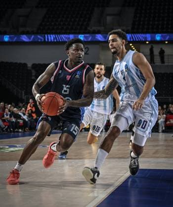 Turk Telekom v Panionios - BKT EuroCup Basketball ANKARA, TURKIYE - NOVEMBER 04: Devoe Jaden (0) of Turk Telekom in action against Keron (15) of Panionios during the 6th week of the BKT EuroCup between Turk Telekom and Panionios at the Ankara Sports Hall on November 04, 2025 in Ankara, Turkiye. Cem Genco Anadolu Ankara Turkey. Editorial use only. Please get in touch for any other usage.  Copyright: x2025xAnadoluxCemxGencox