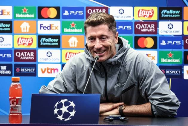 Barcelona s Robert Lewandowski pictured during a press conference, PK, Pressekonferenz of Spanish FC Barcelona, Barca on Tuesday 04 November 2025 in Brugge. The team is preparing for tomorrow s game against Belgian soccer team Club Brugge KV, on day four of the League phase of the UEFA Champions League tournament. BRUNOxFAHY  x139000709x