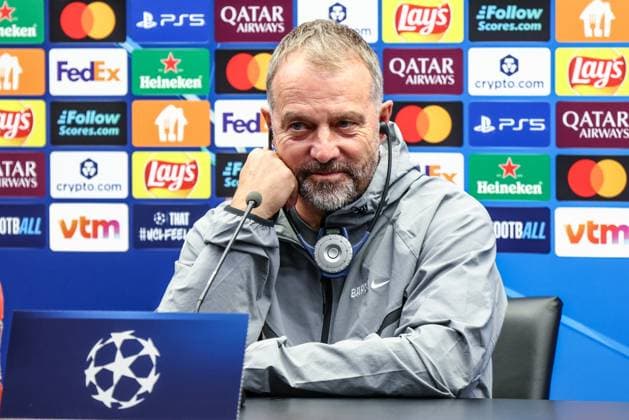 Barcelona s head coach Hansi Flick pictured during a press conference, PK, Pressekonferenz of Spanish FC Barcelona, Barca on Tuesday 04 November 2025 in Brugge. The team is preparing for tomorrow s game against Belgian soccer team Club Brugge KV, on day four of the League phase of the UEFA Champions League tournament. BRUNOxFAHY  x139001169x