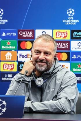 Barcelona s head coach Hansi Flick pictured during a press conference, PK, Pressekonferenz of Spanish FC Barcelona, Barca on Tuesday 04 November 2025 in Brugge. The team is preparing for tomorrow s game against Belgian soccer team Club Brugge KV, on day four of the League phase of the UEFA Champions League tournament. BRUNOxFAHY  x139001326x
