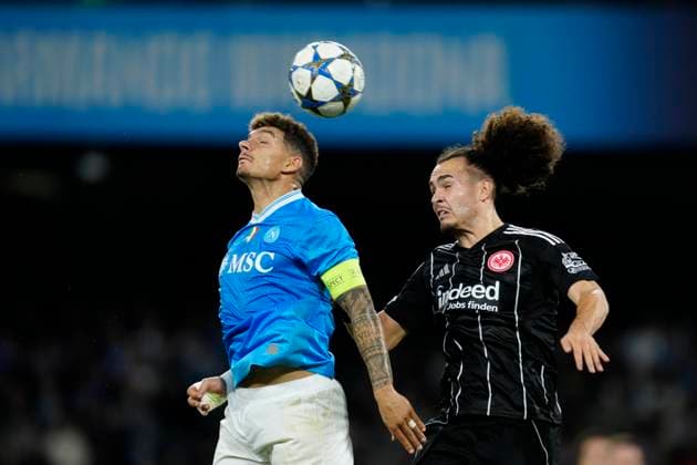 Giovanni Di Lorenzo (SSC Napoli) and Arthur Theate (Eintracht Frankfurt) battle for the ball, UEFA Champions League 2025 26 League Phase MD4, SSC Napoli v Eintracht Frankfurt, Diego Armando Maradona Stadium, November 4, 2025, Naples, Italy.
