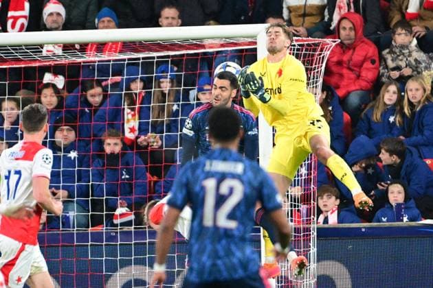Mikel Merino of Arsenal scores third goal during the Football Champions League 4th round match: Slavia Prague vs Arsenal in Prague, Czech Republic, November 4, 2025. (CTKxPhoto RomanxVondrous) CTKPhotoP2025110408295  CTKPhotoP2025110408295