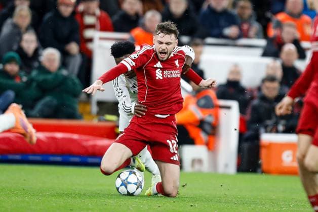 Liverpool v Real Madrid UEFA Champions League Conor Bradley of Liverpool is fouled during the UEFA Champions League match at Anfield, Liverpool UK Newspapers OUT Copyright: xMaxxTomlinsonx FIL-22464-0057
