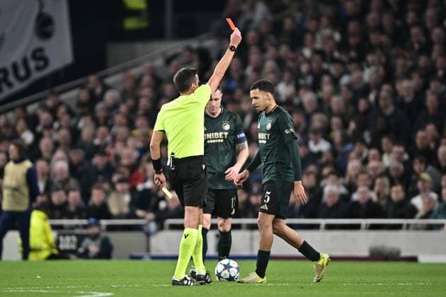 LONDON, ENGLAND - NOVEMBER 04: Referee Erik Lambrechts shows a red card for Brennan Johnson of Tottenham Hotspur (not pictured) during the UEFA Champions League 2025 26 League Phase MD4 match between Tottenham Hotspur and F.C. Copenhagen at Tottenham Hotspur Stadium on November 04, 2025 in London, England. Photo Sebastian Frej Tottenham Hotspur v F.C. Copenhagen - UEFA Champions League 2025 26 League Phase MD4 Copyright: xSebastianxFrejx