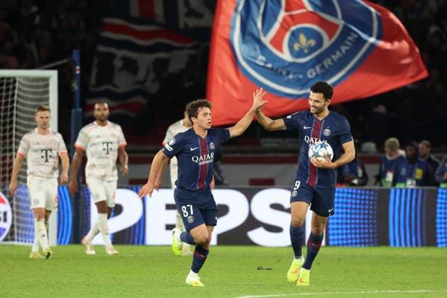 FOOTBALL : Paris Saint Germain Vs Bayern Munich - Ligue des Champions - 04 11 2025 Joie sur le but de Joao Neves (PSG) - Goncalo Ramos (PSG) ParisFrance  Copyright: xMichtofx