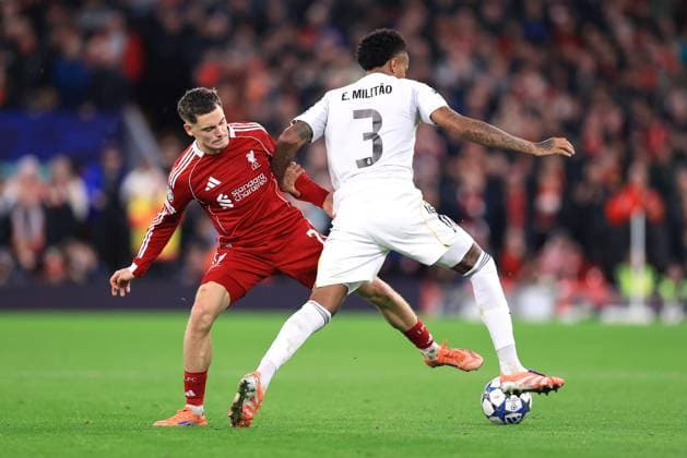 Football - UEFA Champions League - League Phase - Liverpool v Real Madrid 4th November 2025 - UEFA Champions League - League Phase - Liverpool v Real Madrid - Florian Wirtz of Liverpool and Eder Militao of Real Madrid - Photo: Simon Stacpoole Offside. Liverpool UK Copyright: xSimonxStacpoolexOffside