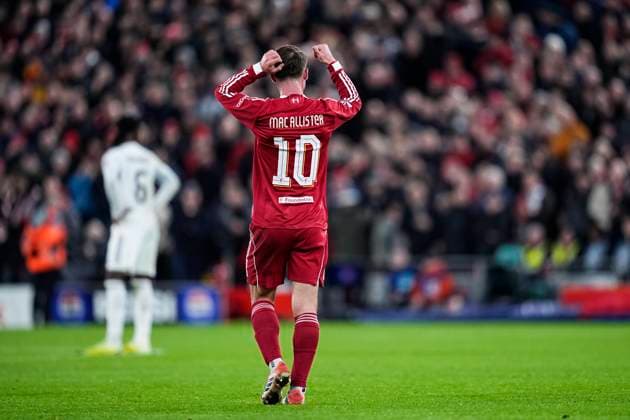 November 4, 2025, Liverpool, Liverpool, England: Alexis Mac Allister of Liverpool FC celebrates a goal during the UEFA Champions League 2025 26 League Phase MD4 match between Liverpool FC and Real Madrid CF at Anfield on November 04, 2025 in Liverpool, England. Liverpool England - ZUMAa181 20251104_zaa_a181_287 Copyright: xDennisxAgyemanx