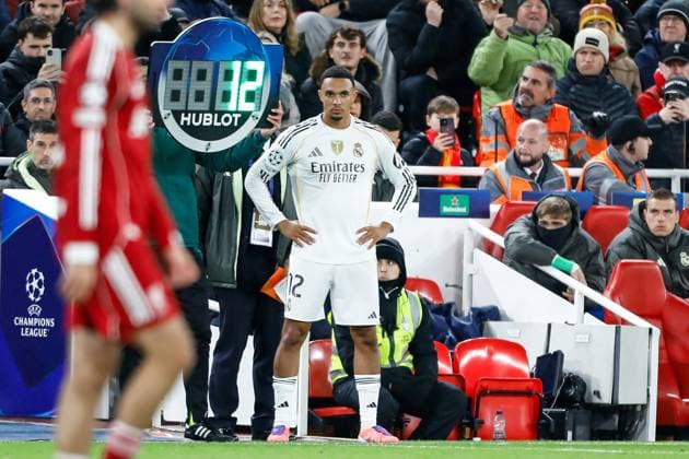 Liverpool v Real Madrid UEFA Champions League Trent Alexander-Arnold of Real Madrid waits to be subbed on during the UEFA Champions League match at Anfield, Liverpool UK Newspapers OUT Copyright: xMaxxTomlinsonx FIL-22464-0088