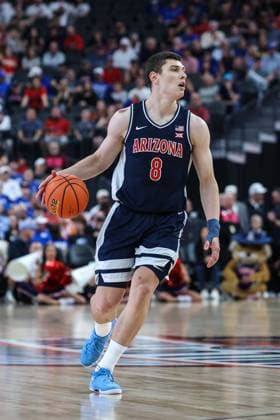 November 3, 2025: Arizona Wildcats forward Ivan Kharchenkov (8) dribbles the ball up the court during the 2025 Basketball Hall of Fame Series game featuring the Arizona Wildcats and the Florida Gators at T-Mobile Arena in Las Vegas, NV. CSM. Las Vegas United States of America - ZUMAc04_ 20251103_zma_c04_339 Copyright: xChristopherxTrimx