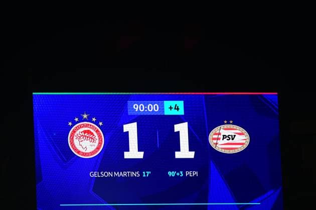 UEFA Champions League Olympiacos vs PSV Eindhoven - The final score on the matrix after the UEFA Champions League Phase matchday 4 soccer match between Olympiacos FC and PSV Eindhoven in Stadium Georgios Karaiskakis in Piraeus, Greece, 4 November 2025.. IMAGO ONE INCH PRODUCTIONS PIRAEUS Greece Copyright: xONExINCHxPRODUCTIONSx 6718992
