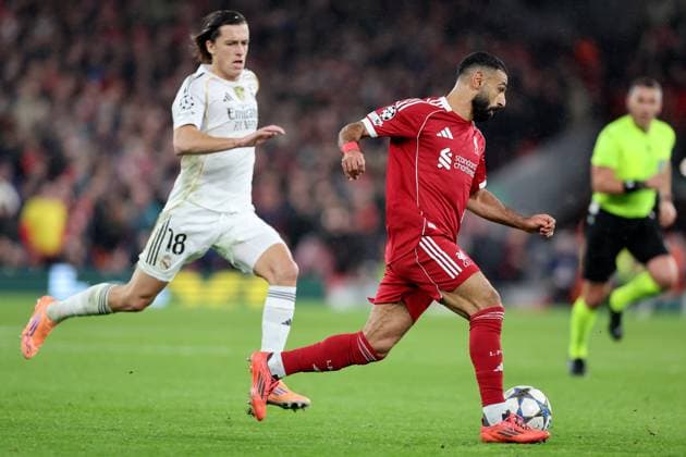 Liverpool v Real Madrid Champions League 04 11 2025. Liverpool forward Mohamed Salah (11) and Real Madrid defender Ãlvaro Carreras (18) during the Champions League match between Liverpool and Real Madrid at Anfield, Liverpool, England on 4 November 2025. Liverpool Anfield Merseyside England Editorial use only , Copyright: xCraigxGallowayx PSI-23162-0104