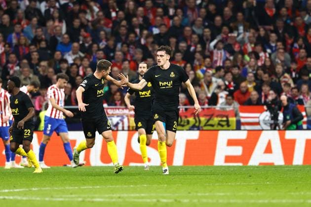 Ross Sykes (Union Saint-Gilloise), NOVEMBER 4, 2025 - Football Soccer : Sykes celebrate with Rasmussen after his goal during UEFA Champions League league phase match day 4 between Club Atletico de Madrid - Royal Union Saint-Gilloise at the Estadio Metropolitano in Madrid, Spain. Noxthirdxpartyxsales  aflo_309360216