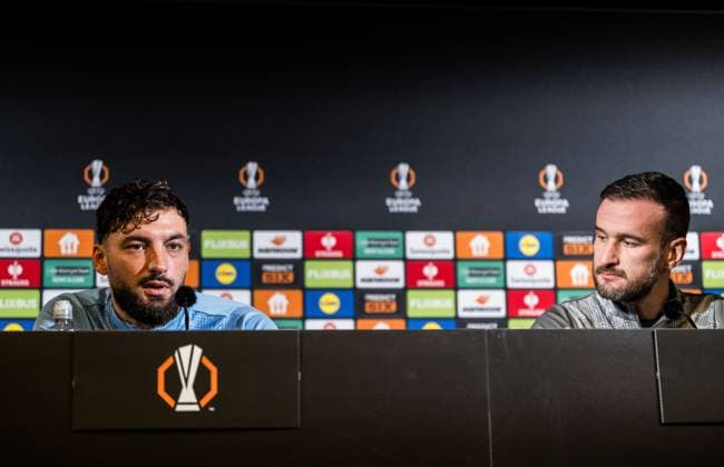 251105 Sead Haksabanovic and Head coach Anes Mravac during a UEFA Europa League press conference, PK, Pressekonferenz with Malmö FF on November 5, 2025 in Malmö. Photo: Petter Arvidson BILDBYRAN kod PA PA1106 fotboll football soccer fotball uefa europa league europa league presskonferens press conference malmö ff bbeng Copyright: PETTERxARVIDSON BB251105PA062