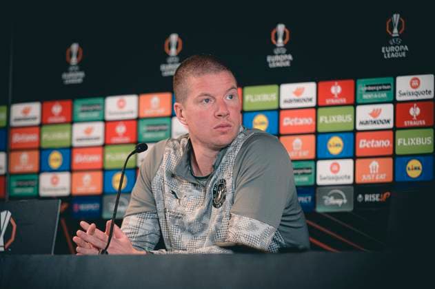 FC Midtjylland press conference, PK, Pressekonferenz - Europa League Herning, Denmark - November 5: Head coahc Mike Tullberg and Kevin Mbabu during FC Midtjylland press conference ahead of the match against Glasgow Celtic in UEFA Europa League at MCH Arena Herning MCH Arena Denmark Copyright: xDANIELxSTENTZx