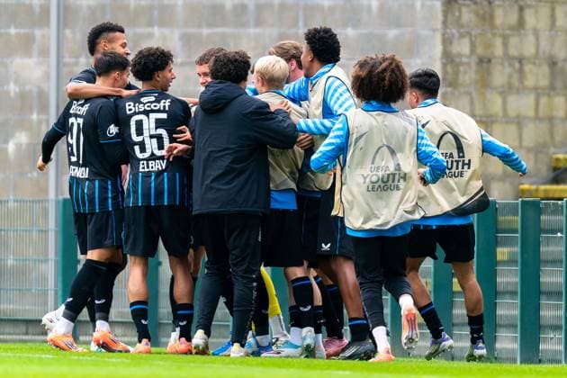 2025-11-05 Club Brugge KV v FC Barcelona, Barca - UEFA Youth League 2025 26 ROESELARE, BELGIUM - NOVEMBER 5: Tobias Lund Jensen of Club Brugge celebrates after scoring the team s first goal during the UEFA Youth League 2025 26 match between Club Brugge KV and FC Barcelona at The NEST on November 5, 2025 in Roeselare, Belgium. Roeselare The NEST Belgium Content not available for redistribution in The Netherlands directly or indirectly through any third parties. Copyright: xJorisxVerwijstx