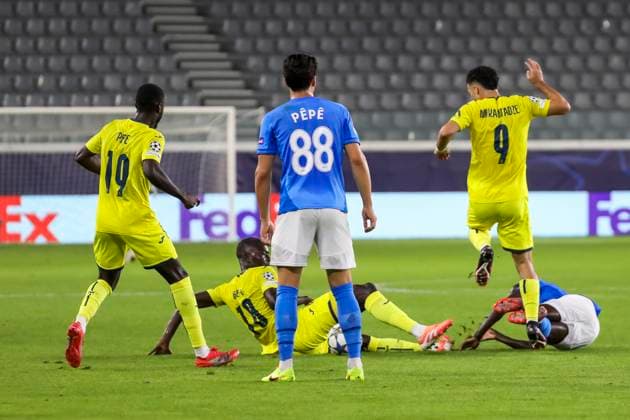 UEFA Champions League : Pafos vs Villarreal PAPE GUEYE of Villarreal tackles the ball in front of PEPE of Pafos, GEORGES MIKAUTADZE of Villarreal and NICOLAS PEPE of Villarreal. Pafos plays against Villarreal for the matchday 4 of the League Phase of the UEFA Champions League competition, Limassol, Cyprus, on Nov. 5, 2025. Limassol Cyprus Copyright: xKOSTASxPIKOULASx