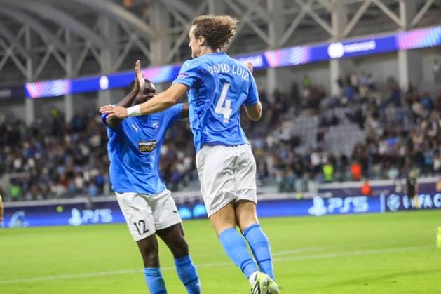 UEFA Champions League : Pafos vs Villarreal DAVID LUIZ of Pafos and KEN SEMA of Pafos celebrate the goal they scored. Pafos plays against Villarreal for the matchday 4 of the League Phase of the UEFA Champions League competition, Limassol, Cyprus, on Nov. 5, 2025. Limassol Cyprus Copyright: xKOSTASxPIKOULASx