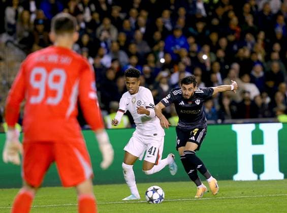 Qarabag v Chelsea - UEFA Champions League BAKU, AZERBAIJAN - NOVEMBER 05: Elvin Jafarguliyev (44) of Qarabag in action against Estevao (41) of Chelsea during the UEFA Champions League 2025 26 League Phase MD4 match between Qarabag and Chelsea at Tofiq Bahramov Stadium in Baku, Azerbaijan on November 05, 2025. Resul Rehimov Anadolu Baku Azerbaijan. Editorial use only. Please get in touch for any other usage.  Copyright: x2025xAnadoluxResulxRehimovx