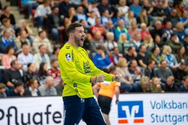 Handball I Herren I Saison 2025-2026 I DHB Pokal I Achtelfinale I TVB Stuttgart - SG Flensburg-Handewitt I 05.11.2025 Benjamin Buric (1, SG Flensburg-Handewitt) jubelt Stuttgart Scharrena Baden-Württemberg Deutschland Copyright: xLobeca MaxxPetershansx