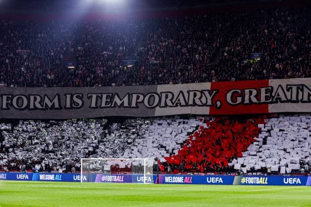 2025-11-05 Ajax v Galatasaray AS - UEFA Champions League 2025 26 League Phase MD4 AMSTERDAM, NETHERLANDS - NOVEMBER 5: tifo of AFC Ajax saying form is temporary, greatness is forever during the UEFA Champions League 2025 26 League Phase MD4 match between Ajax and Galatasaray AS at Johan Cruijff ArenA on November 5, 2025 in Amsterdam, Netherlands. Amsterdam Johan Cruijff ArenA Netherlands Content not available for redistribution in The Netherlands directly or indirectly through any third parties. Copyright: xBroerxvanxdenxBoomx