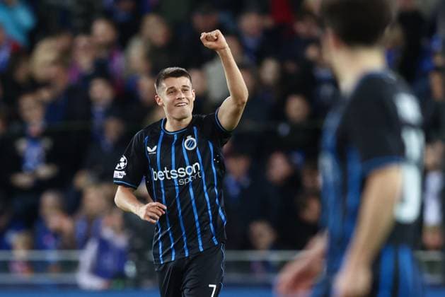 Club s Nicolo Tresoldi celebrates after scoring during a game between Belgian Club Brugge KV and Spanish FC Barcelona, Barca on Wednesday 05 November 2025 in Brugge, on day four of the League phase of the UEFA Champions League tournament. BRUNOxFAHY  x139322234x