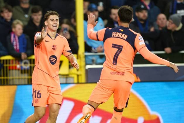 Barcelona s Fermin Lopez and Barcelona s Ferran Torres celebrate during a game between Belgian Club Brugge KV and Spanish FC Barcelona, Barca on Wednesday 05 November 2025 in Brugge, on day four of the League phase of the UEFA Champions League tournament. BRUNOxFAHY  x139322667x
