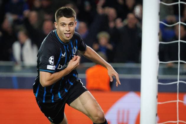 Club s Nicolo Tresoldi celebrates after scoring during a game between Belgian Club Brugge KV and Spanish FC Barcelona, Barca on Wednesday 05 November 2025 in Brugge, on day four of the League phase of the UEFA Champions League tournament. KURTxDESPLENTER  x139323835x