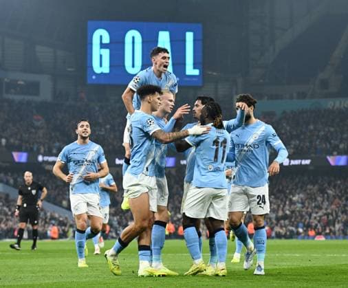 Manchester, England, 5th November 2025. Erling Haaland of Manchester City celebrates scoring the second goal during the Manchester City vs Borussia Dortmund UEFA Champions League match at the Etihad Stadium, Manchester. Picture credit should read: Cody Froggatt Sportimage EDITORIAL USE ONLY. No use with unauthorised audio, video, data, fixture lists, club league logos or live services. Online in-match use limited to 120 images, no video emulation. No use in betting, games or single club league player publications. SPI_030_CF_Man_City_Dortmund SPI-4268-0054
