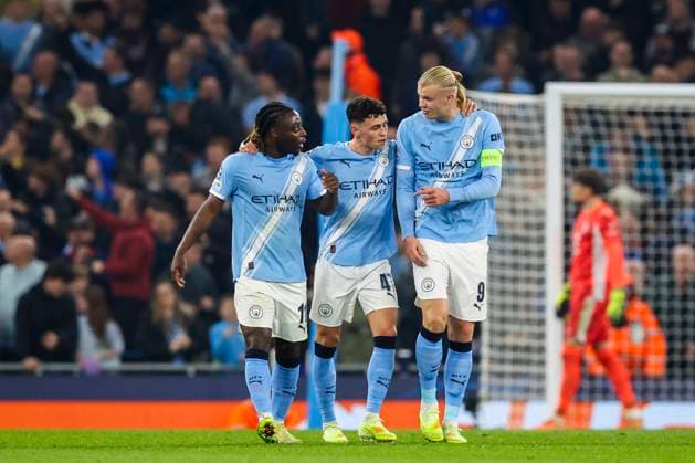 Manchester City v Borussia Dortmund, UEFA Champions League Manchester City forward Erling Haaland (9) scores a GOAL 2-0 and celebrates with Manchester City midfielder Phil Foden (47) and Manchester City midfielder JÃ rÃ my Doku (11) during the Manchester City v Borussia Dortmund UEFA Champions League Round 1 League Stage match at the Etihad Stadium, Manchester, England on 5 November 2025 Credit: Phil Duncan Every Second Media Editorial use only. All images are copyright Every Second Media Limited. No images may be reproduced without prior permission. Copyright: xIMAGO EveryxSecondxMediax ESM-1655-0054 PhilxDuncanx xEveryxSecondxMediax