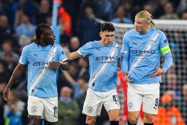 Manchester City v Borussia Dortmund, UEFA Champions League Manchester City forward Erling Haaland (9) scores a GOAL 2-0 and celebrates with Manchester City midfielder Phil Foden (47) and Manchester City midfielder JÃ rÃ my Doku (11) during the Manchester City v Borussia Dortmund UEFA Champions League Round 1 League Stage match at the Etihad Stadium, Manchester, England on 5 November 2025 Credit: Phil Duncan Every Second Media Editorial use only. All images are copyright Every Second Media Limited. No images may be reproduced without prior permission. Copyright: xIMAGO EveryxSecondxMediax ESM-1655-0056 PhilxDuncanx xEveryxSecondxMediax