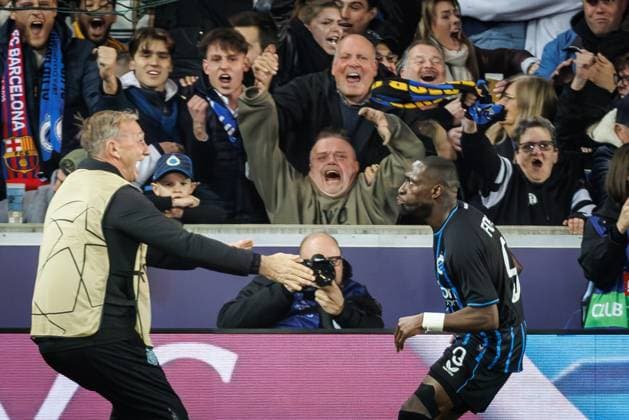 Club s Carlos Forbs celebrates after scoring during a game between Belgian Club Brugge KV and Spanish FC Barcelona, Barca on Wednesday 05 November 2025 in Brugge, on day four of the League phase of the UEFA Champions League tournament. KURTxDESPLENTER  x139344402x