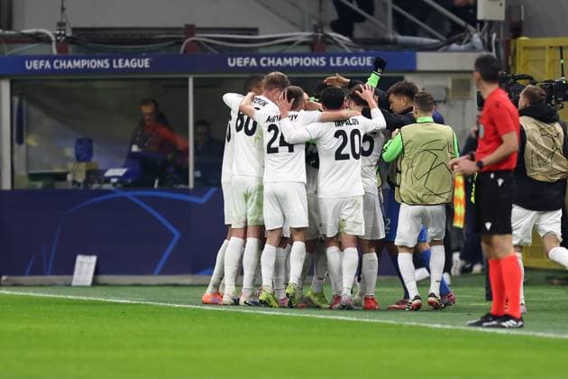 Ofri Arad (FC Kairat Almaty) celebrates after scoring his team s first goal with team mates, UEFA Champions League 2025 26 League Phase MD4, FC Internazionale Milano v FC Kairat Almaty, Stadio Giuseppe Meazza (San Siro), November 5, 2025, Milan, Italy.