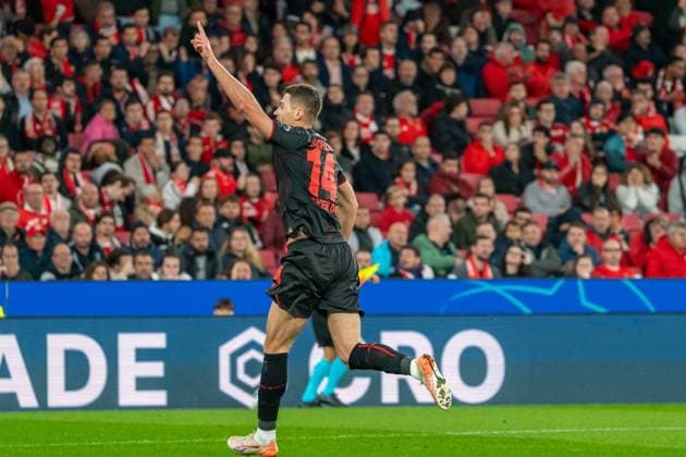 Patrik Schick (Bayer Leverkusen, 14) trifft zum 0:1, Jubel, POR, Benfica Lissabon vs. Bayer 04 Leverkusen, Fussball, UEFA Champions League, Spieltag 4, Spielzeit 2025 2026, 05.11.2025, POR, Benfica Lissabon vs. Bayer 04 Leverkusen, Fussball, UEFA Champions League, Spieltag 4, Spielzeit 2025 2026, 05.11.2025, Lissabon Copyright: xEibner-Pressefoto EdwardxCheungx EP_ECG