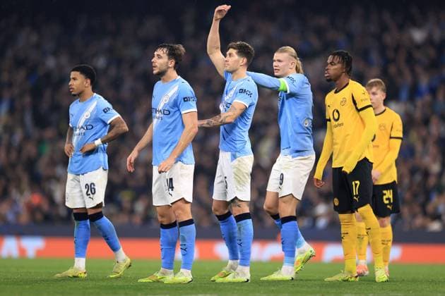 Football - UEFA Champions League - League Phase - Manchester City v Borussia Dortmund 5th November 2025 - UEFA Champions League - League Phase - Manchester City v Borussia Dortmund - Nico, John Stones and Erling Haaland of Manchester City - Photo: Simon Stacpoole Offside. Manchester UK Copyright: xSimonxStacpoolexOffside